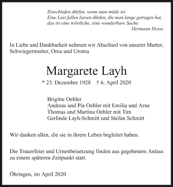 Traueranzeige von Margarete Layh 