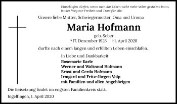 Traueranzeige von Maria Hofmann 