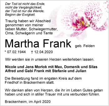 Traueranzeige von Martha Frank 