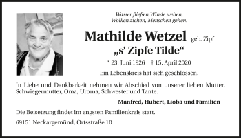 Traueranzeige von Mathilde Wetzel 