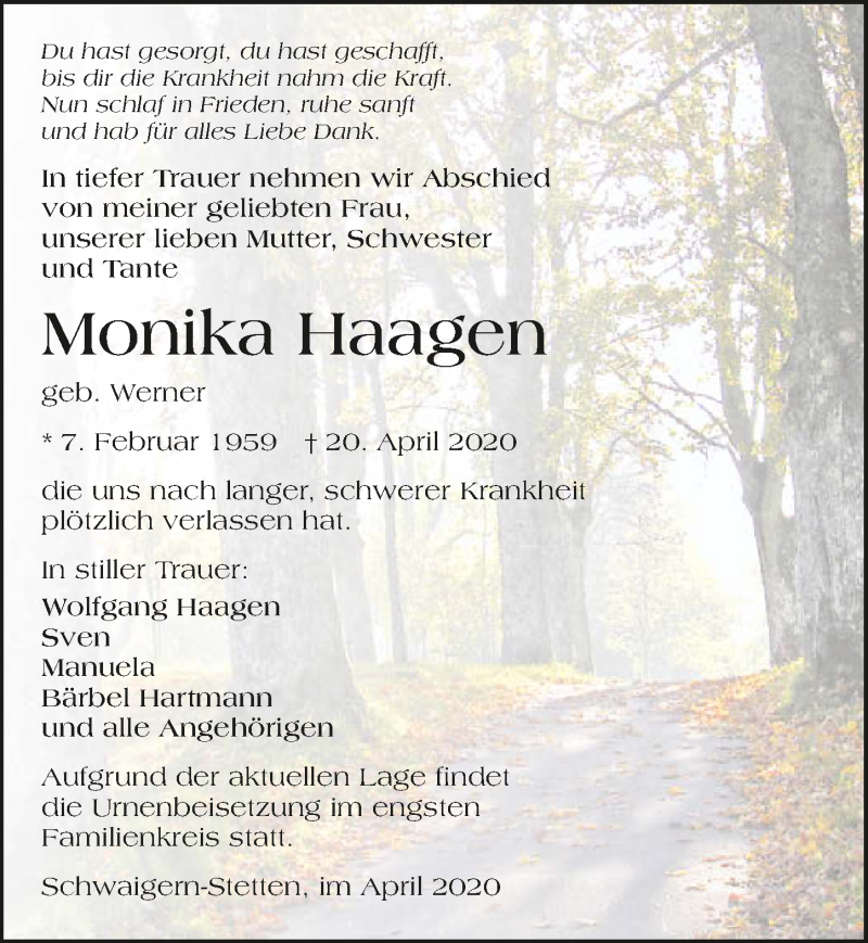 Traueranzeige für Monika Haagen vom 25.04.2020 aus 