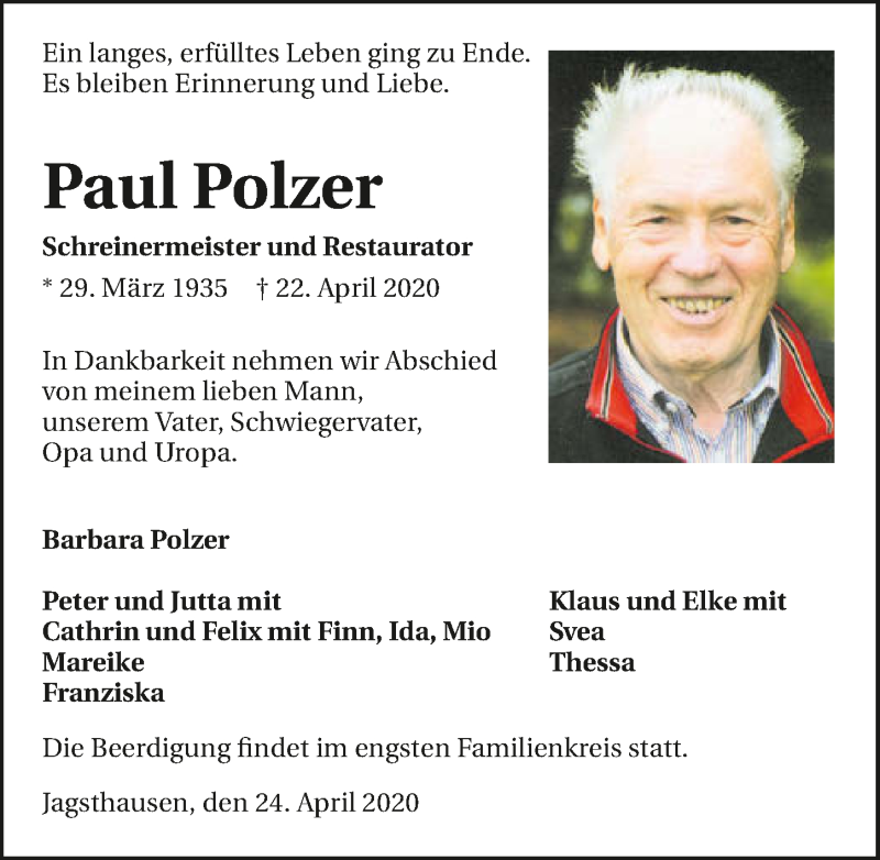  Traueranzeige für Paul Polzer vom 24.04.2020 aus 