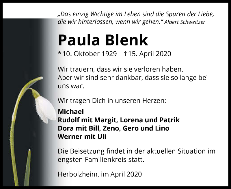  Traueranzeige für Paula Blenk vom 17.04.2020 aus 