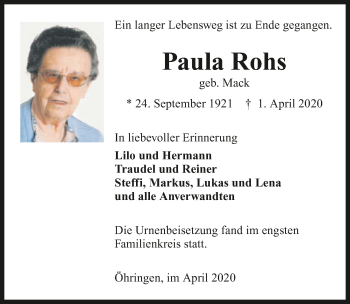 Traueranzeige von Paula Rohs 