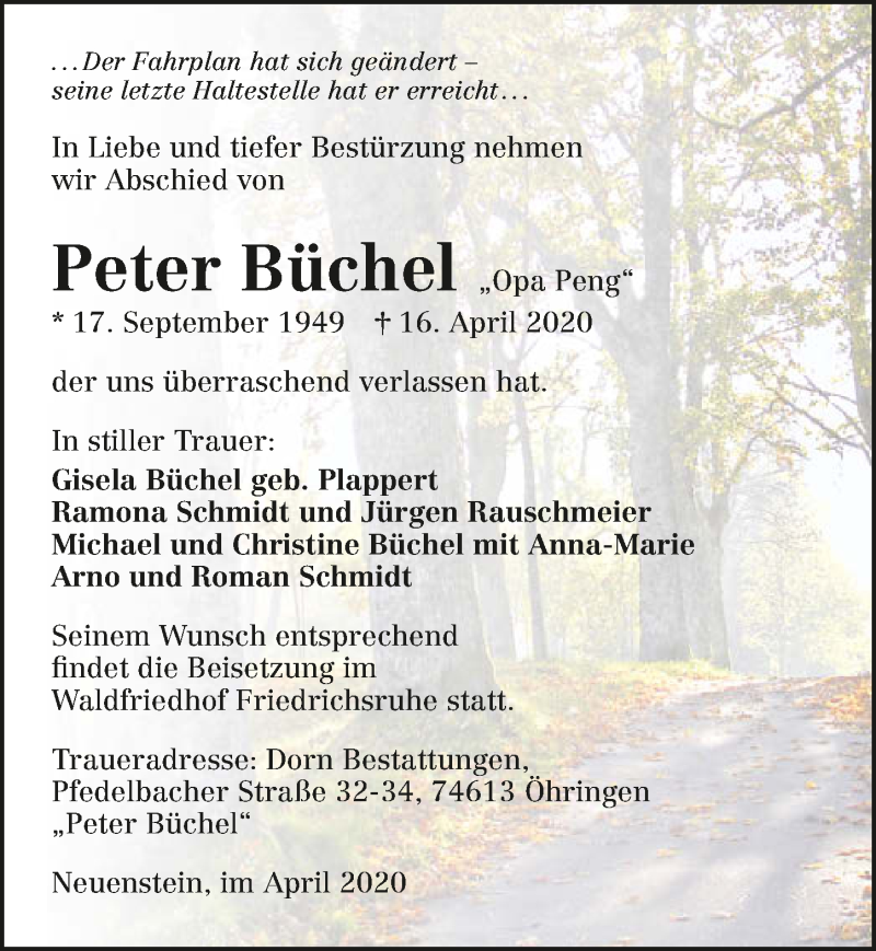  Traueranzeige für Peter Büchel vom 25.04.2020 aus 