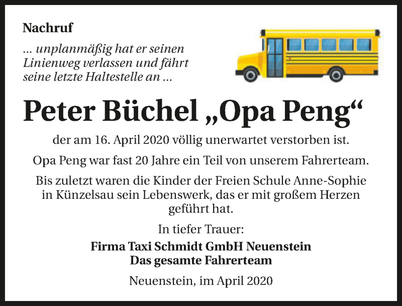  Traueranzeige für Peter Büchel vom 25.04.2020 aus 