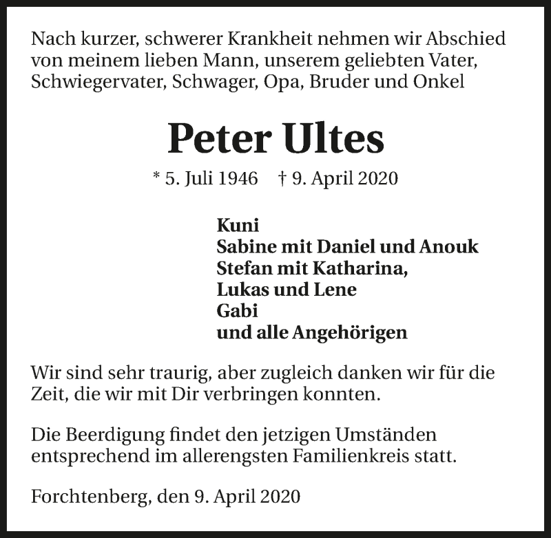  Traueranzeige für Peter Ultes vom 18.04.2020 aus 