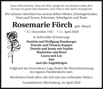 Traueranzeige von Rosemarie Förch 