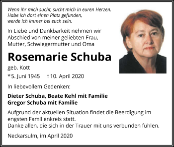 Traueranzeige von Rosemarie Schuba 