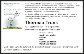 Traueranzeige von Theresia Trunk 