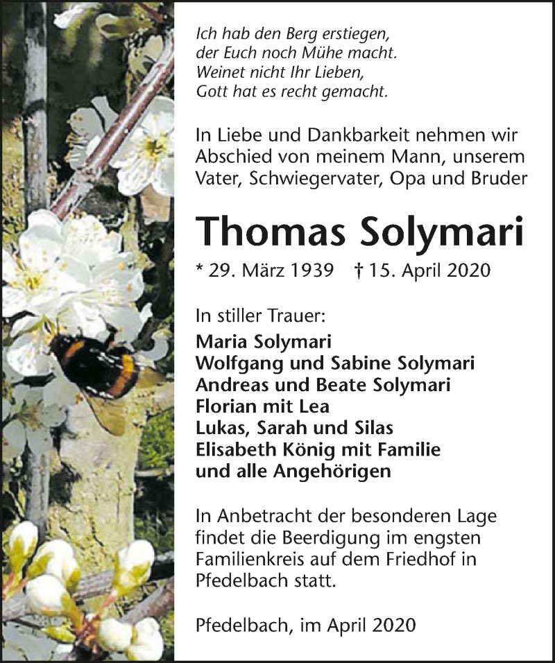  Traueranzeige für Thomas Solymari vom 18.04.2020 aus 