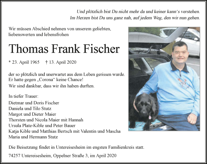  Traueranzeige für Thomas Frank Fischer vom 18.04.2020 aus 