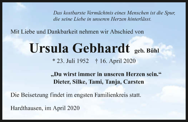  Traueranzeige für Ursula Gebhardt vom 25.04.2020 aus 