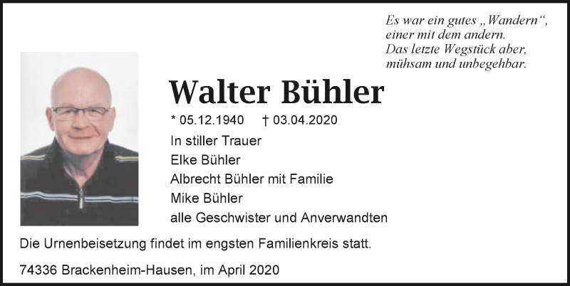  Traueranzeige für Walter Bühler vom 08.04.2020 aus 