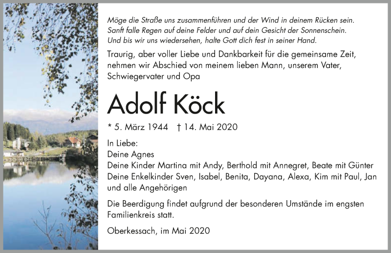  Traueranzeige für Adolf Köck vom 20.05.2020 aus 