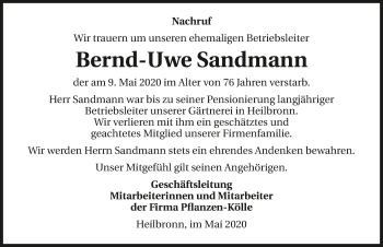 Traueranzeige von Bernd-Uwe Sandmann 