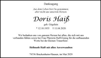 Traueranzeige von Doris Haiß 