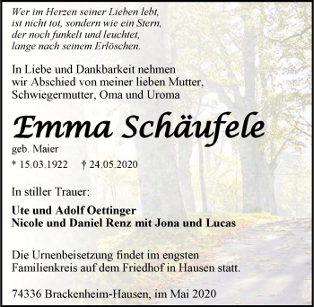 Traueranzeige von Emma Schäufele 