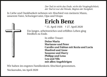 Traueranzeige von Erich Benz 