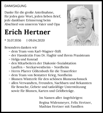 Traueranzeige von Erich Hertner Hertner 