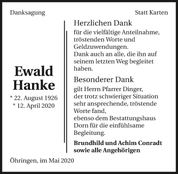 Traueranzeige von Ewald Hanke 