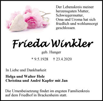 Traueranzeige von Frieda Winkler 