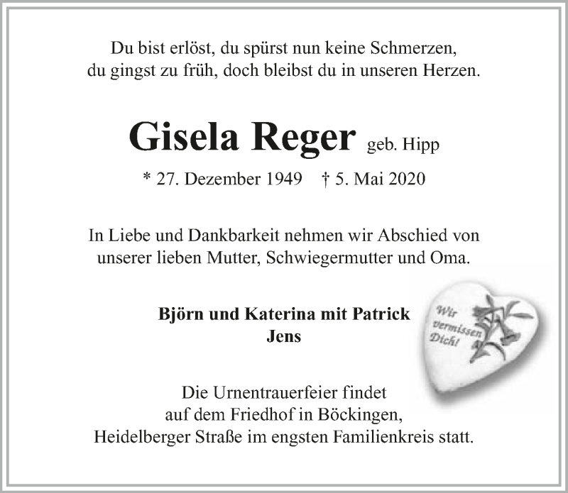  Traueranzeige für Gisela Reger vom 09.05.2020 aus 