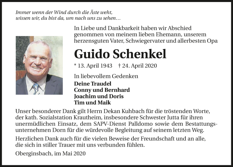  Traueranzeige für Guido Schenkel vom 06.05.2020 aus 