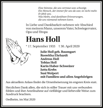Traueranzeige von Hans Holl 