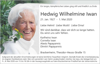 Traueranzeige von Hedwig Wilhelmine Iwan 