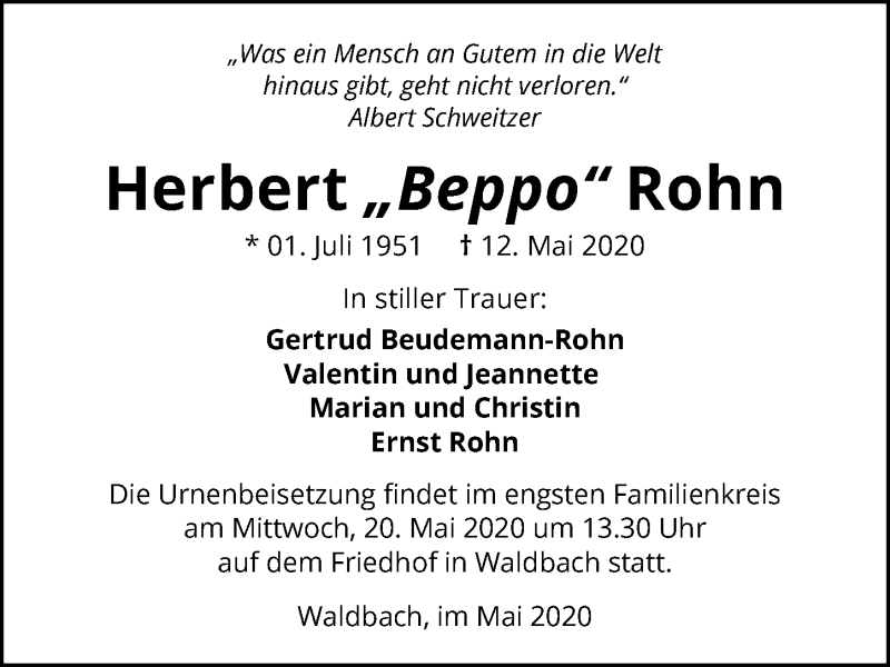  Traueranzeige für Herbert Rohn vom 16.05.2020 aus 