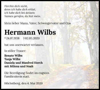 Traueranzeige von Hermann Wilbs 