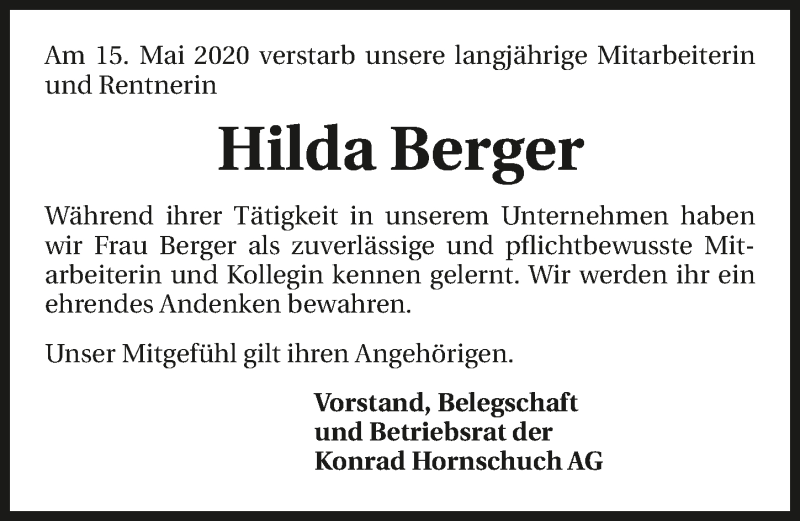  Traueranzeige für Hilda Berger vom 20.05.2020 aus 