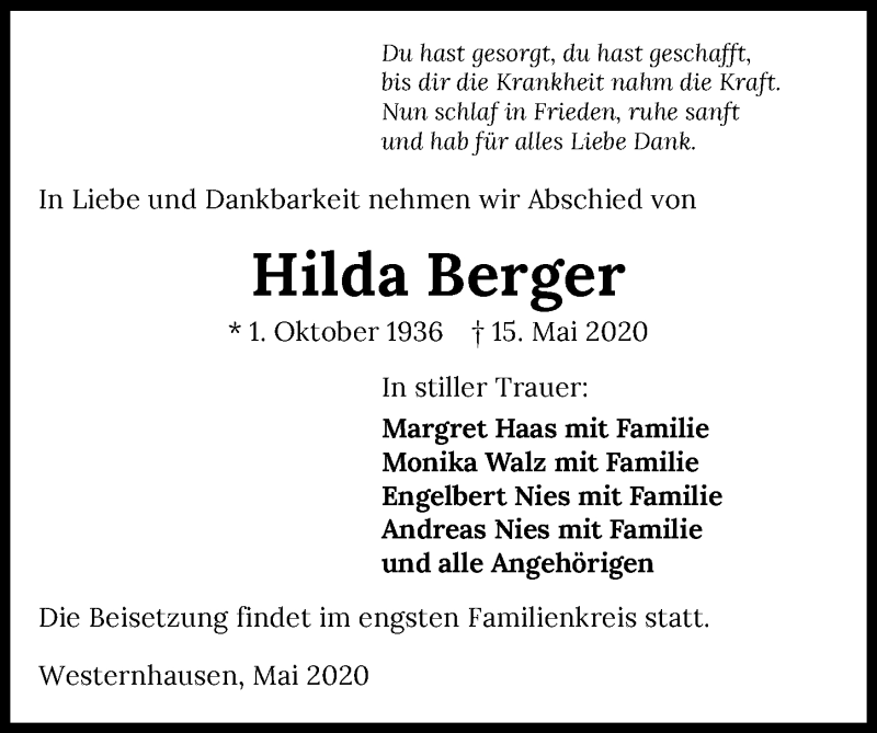  Traueranzeige für Hilda Berger vom 19.05.2020 aus 