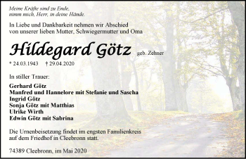 Traueranzeige von Hildegard Götz 