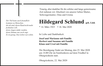 Traueranzeige von Hildegard Schlund 