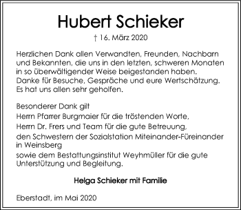 Traueranzeige von Hubert Schieker 