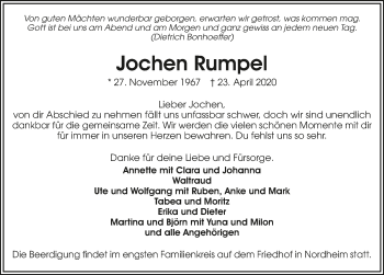 Traueranzeige von Jochen Rumpel 