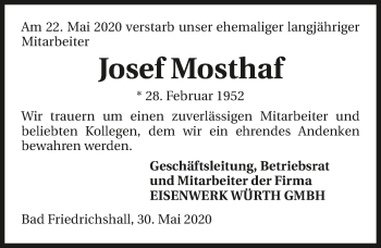 Traueranzeige von Josef Mosthaf 