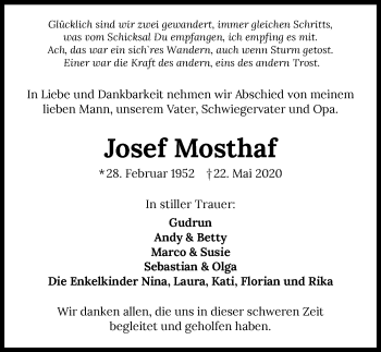 Traueranzeige von Josef Mosthaf 