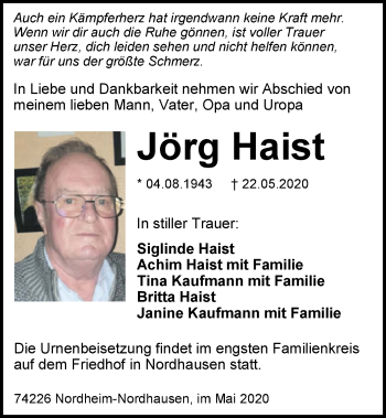 Traueranzeige von Jörg Haist 