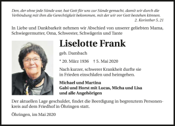 Traueranzeige von Liselotte Frank 