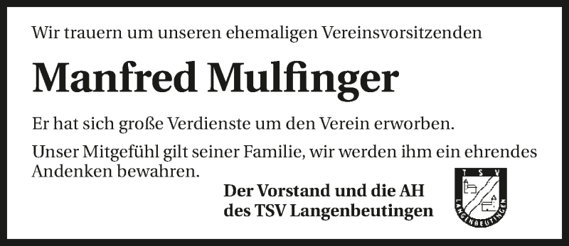  Traueranzeige für Manfred Mulfinger vom 08.05.2020 aus 