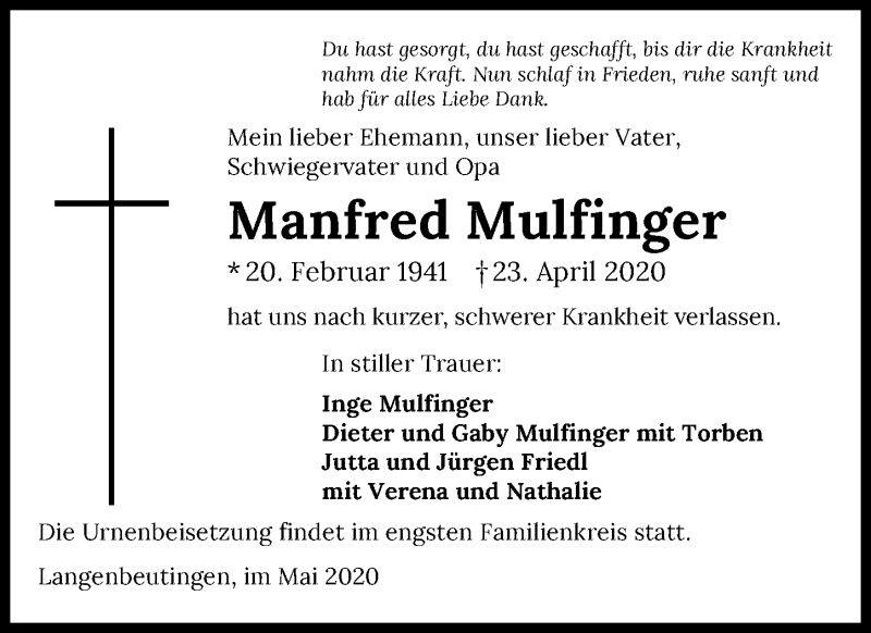  Traueranzeige für Manfred Mulfinger vom 08.05.2020 aus 