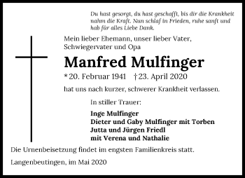 Traueranzeige von Manfred Mulfinger 