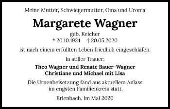 Traueranzeige von Margarete Wagner 
