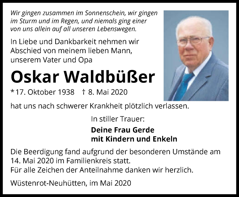  Traueranzeige für Oskar Waldbüßer vom 15.05.2020 aus 