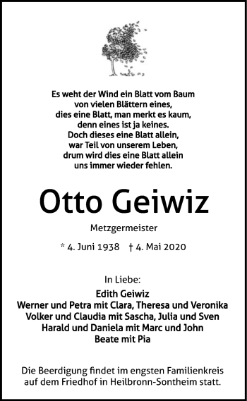 Traueranzeige von Otto Geiwiz 