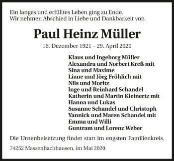 Traueranzeige von Paul Heinz Müller 