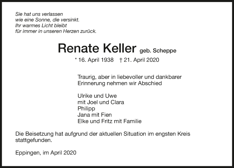  Traueranzeige für Renate Keller vom 02.05.2020 aus 